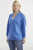 V Yaka Salaş Düğmeli Triko Hırka - Mavi thumbnail 4