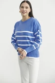 Oversize Çizgi Detaylı Triko Kazak - Mavi thumbnail 4