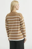 Çizgili Oversize Basic Triko Kazak - Karamel thumbnail 6