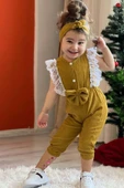 Kız Çocuk Omuzdan Göğse Dantel İşlemeli Beli Fiyonk Detaylı Bandanalı Hardal Tulum thumbnail 2