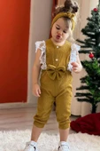 Kız Çocuk Omuzdan Göğse Dantel İşlemeli Beli Fiyonk Detaylı Bandanalı Hardal Tulum thumbnail 6
