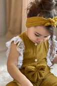 Kız Çocuk Omuzdan Göğse Dantel İşlemeli Beli Fiyonk Detaylı Bandanalı Hardal Tulum thumbnail 7