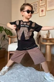 Erkek Çocuk W Harf Why Not Baskılı T-Shirt Kahverengi Şortlu Takım thumbnail 3