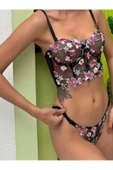 Love Fuchsia Underwear Çiçek Desenli Kapsız Brode Siyah Bustiyer Takım (684T) thumbnail 4