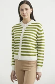 Çizgili Metal Düğmeli Triko Hırka - Zeytin Yeşil thumbnail 4