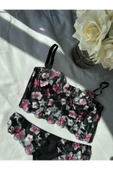 Love Fuchsia Underwear Çiçek Desenli Kapsız Brode Siyah Bustiyer Takım (684T) thumbnail 8