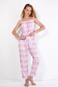 IŞILAY HOMEWEAR PEMBE EKOSE DESEN DANTEL DEKORLU PEGASUS İP ASKILI PİJAMA TAKIMI thumbnail 2