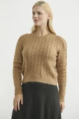 Yumoş Saç Örgü Motifli Triko Kazak - Karamel thumbnail 3