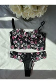 Love Fuchsia Underwear Çiçek Desenli Kapsız Brode Siyah Bustiyer Takım (684T) thumbnail 7