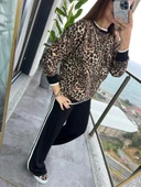 MDB Kadın Uzun Kollu Bisiklet Yaka Leopar Desenli Iki Iplik Bluz Ve Viskon Iki Iplik Pantolon Ikili Takım thumbnail 5