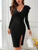 MDB Kadın Uzun Kollu V Yakalı Yandan Yırtmaçlı Midi Ithal Krep Elbise thumbnail 1