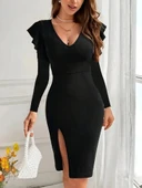 MDB Kadın Uzun Kollu V Yakalı Yandan Yırtmaçlı Midi Ithal Krep Elbise thumbnail 3