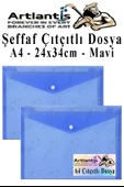 Mavi A4 Çıtçıtlı Dosya Şeffaf Renkli Zarf Dosya 2 Adet Çıt Çıtlı Dosya Su Geçirmez 100 Yaprak Kapasite - 1