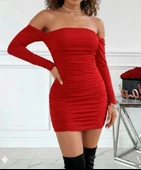 MDB Kadın Uzun Kollu Omuzlardan Açık Takma Kollu Büzgülü Sandy Kısa Elbise thumbnail 3