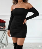 MDB Kadın Uzun Kollu Omuzlardan Açık Takma Kollu Büzgülü Sandy Kısa Elbise thumbnail 1