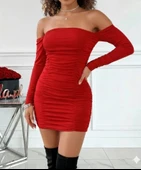 MDB Kadın Uzun Kollu Omuzlardan Açık Takma Kollu Büzgülü Sandy Kısa Elbise thumbnail 1