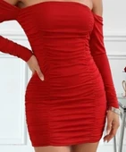 MDB Kadın Uzun Kollu Omuzlardan Açık Takma Kollu Büzgülü Sandy Kısa Elbise thumbnail 2