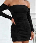 MDB Kadın Uzun Kollu Omuzlardan Açık Takma Kollu Büzgülü Sandy Kısa Elbise thumbnail 2