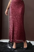Bordo Payetli Uzun Etek - Yüksek Bel, Şık Gece Elbisesi Kombini thumbnail 3