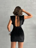 Omuz Vatkalı Sırt Dekolteli Payetli Meliana Siyah Kadın Mini Elbise thumbnail 5