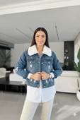 Kadın İçi Kürklü Jean Ceket Mavi - 1