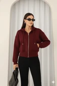 Kadın Fermuarlı Kapşonlu Beyaz Bol Crop Sweatshirt thumbnail 10