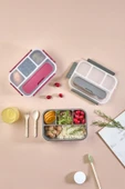 İronika Kaşık Çatallı Lunch Box Sızdırmaz Contalı Kapaklı 4 Bölmeli Beslenme Kabı - Pembe thumbnail 3