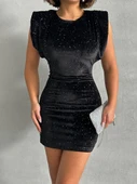 Omuz Vatkalı Sırt Dekolteli Payetli Meliana Siyah Kadın Mini Elbise thumbnail 4