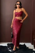 Bordo Payetli Uzun Etek - Yüksek Bel, Şık Gece Elbisesi Kombini thumbnail 1