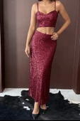 Bordo Payetli Uzun Etek - Yüksek Bel, Şık Gece Elbisesi Kombini thumbnail 4