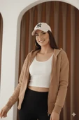 Kadın Fermuarlı Kapşonlu Beyaz Bol Crop Sweatshirt thumbnail 2