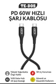 60W Type-C to Type-C Hızlı Şarj Kablosu %99 Daha Hızlı 3A Şarj Örgü Kablo SR Uç Koruması Dayanıklı ve Güvenli Kullanım - 1