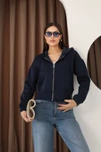Kadın Fermuarlı Kapşonlu Beyaz Bol Crop Sweatshirt thumbnail 4
