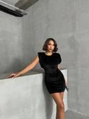 Omuz Vatkalı Sırt Dekolteli Payetli Meliana Siyah Kadın Mini Elbise thumbnail 2