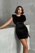 Omuz Vatkalı Sırt Dekolteli Payetli Meliana Siyah Kadın Mini Elbise thumbnail 1