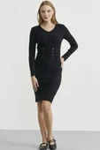 Düğme Detaylı V Yaka Triko Elbise - Siyah thumbnail 3