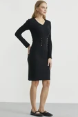 Düğme Detaylı V Yaka Triko Elbise - Siyah thumbnail 4