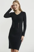Düğme Detaylı V Yaka Triko Elbise - Siyah thumbnail 2