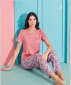 Pijamoni Kadın Viskoz Likralı Düğme Yaka Kaşkorse Patlı Kısa Kol Pijama Takımı 5520-2 / 1 Adet  XL Pembe thumbnail 1