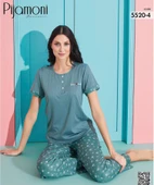 Pijamoni Kadın Viskoz Likralı Düğme Yaka Kaşkorse Patlı Kısa Kol Pijama Takımı 5520-4 / 1 Adet  Yeşil S - M thumbnail 2
