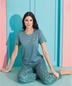 Pijamoni Kadın Viskoz Likralı Düğme Yaka Kaşkorse Patlı Kısa Kol Pijama Takımı 5520-4 / 1 Adet  XL Yeşil thumbnail 1