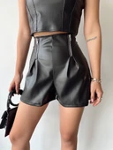 Çift fermuarlı deri şort h24394 - 6