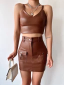 Önden iki cepli deri etek kahve h240040 - 3