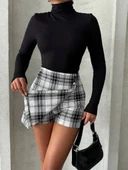 İki düğmeli şort ch kumaş etek ekoseli siyahbeyaz h26414 - 3