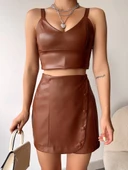 Beş düğmeli oval deri etek kahve h240068 thumbnail 4