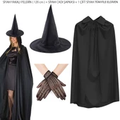 120 cm Siyah Yakalı Cadı Pelerini Cadı Şapkası ve 1 Çift Siyah Kısa File Tüm Eldiven Seti 3 Parça thumbnail 1