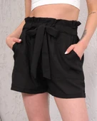 Kuşaklı keten şort siyah s255265 - 1