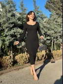 V yaka Uzun kollu midi boy elbise siyah - 4