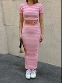 Çizgili etekli takım pembe s3609 - 3