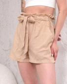 Kuşaklı keten şort bej s255265 - 4